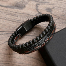 Black Matte Bead & Braided Leather Men's Bracelet