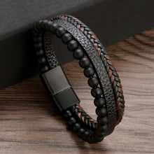 Black Matte Bead & Braided Leather Men's Bracelet