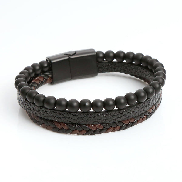 Black Matte Bead & Braided Leather Men's Bracelet