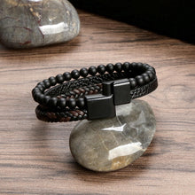 Black Matte Bead & Braided Leather Men's Bracelet