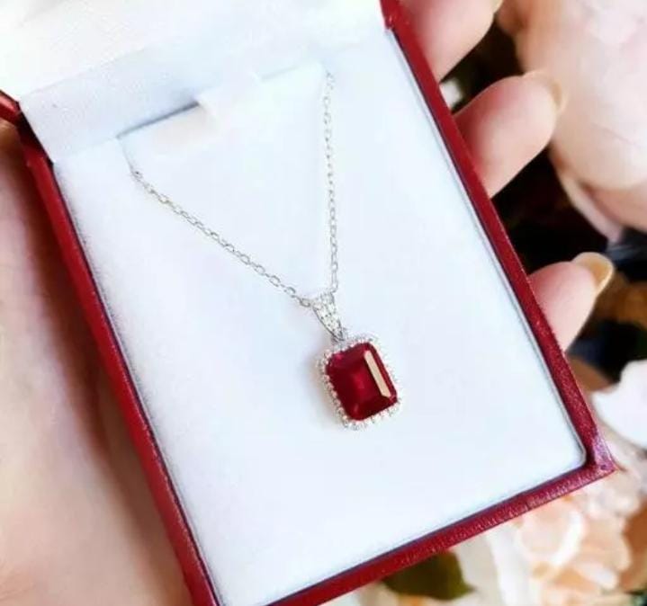American Diamond Red Ruby Necklace with Silver Plated Chain