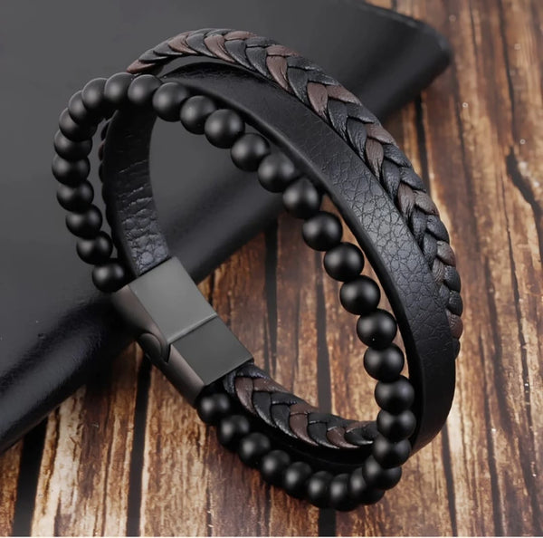 Black Matte Bead & Braided Leather Men's Bracelet