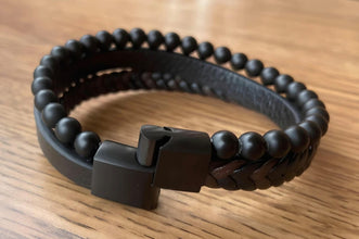 Black Matte Bead & Braided Leather Men's Bracelet