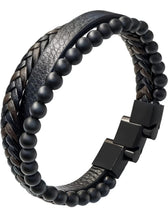 Black Matte Bead & Braided Leather Men's Bracelet